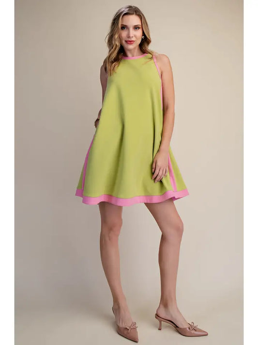 A-Line Sleeveless Mini Dress with Round Neck Hem Contrast